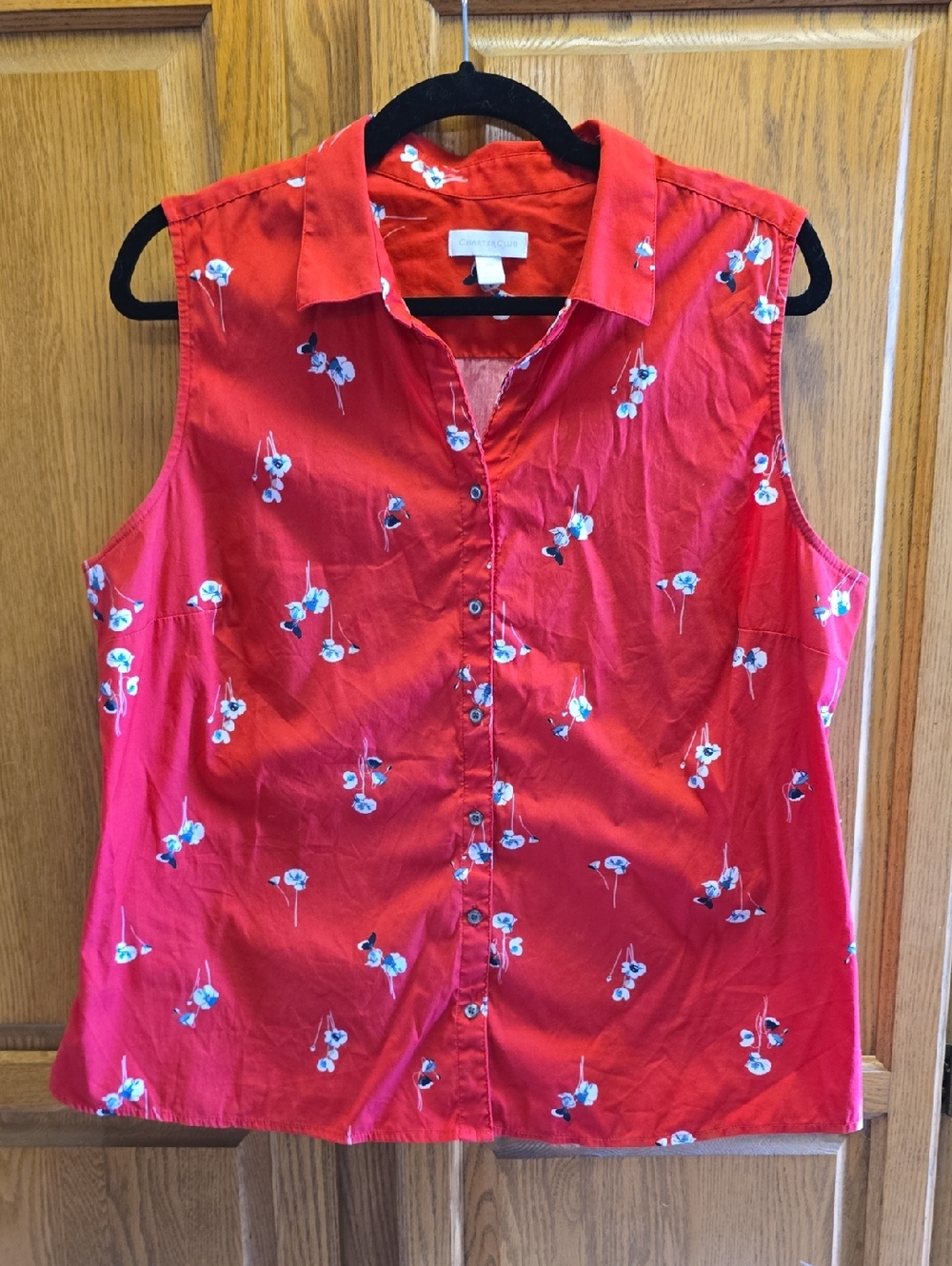 Sleeveless Red Floral Button-Up Top